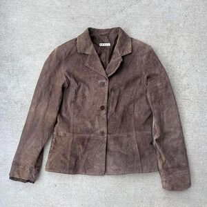 Brown Suede Leather‎ Blazer Jacket Womens Medium Three Button Front